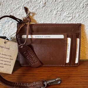 Vintage Brown Leather Card Holder wristlet wallet Keychain